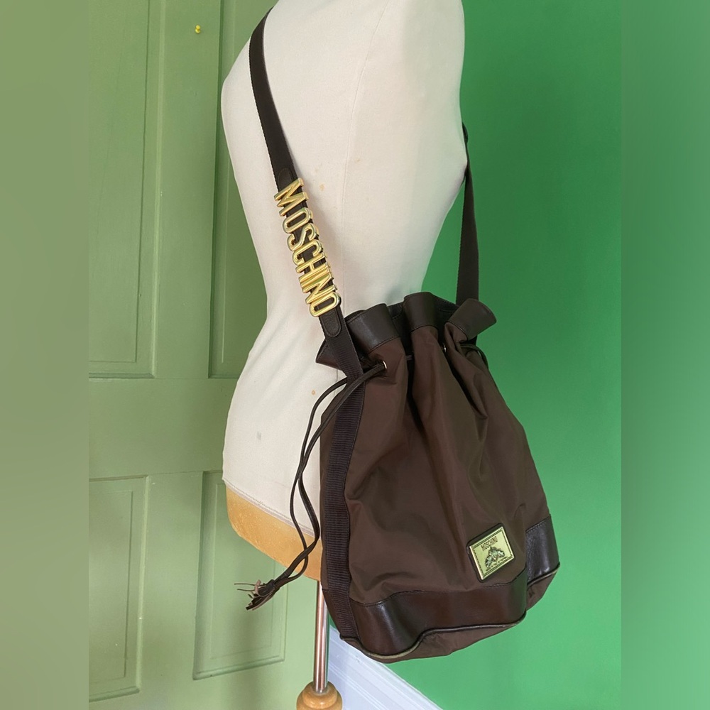 Vintage Moschino Brown Drawstring Crossbody Bucket Bag canvas leather letters